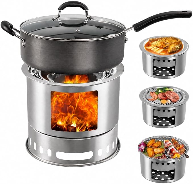 4-in-1 Wood Burning Camping Stove with Grill Pan, Skewer Rack and BBQ Plate | 4-in-1 outdoor cooking set; wood burning stove; grill pan; skewer rack; BBQ plate; camping, picnic, backyard BBQ