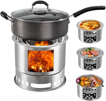 4-in-1 Wood Burning Camping Stove with Grill Pan, Skewer Rack and BBQ Plate | 4-in-1 outdoor cooking set; wood burning stove; grill pan; skewer rack; BBQ plate; camping, picnic, backyard BBQ