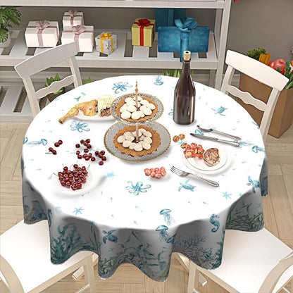 Summer Sea Turtle Jellyfish Table Cloth Round Blue Ocean Theme Nautical Coastal Tablecloth 60 Inch Decor Washable Stain and Wrinkle Resistant Round Table Cover for Dining Party Picnic