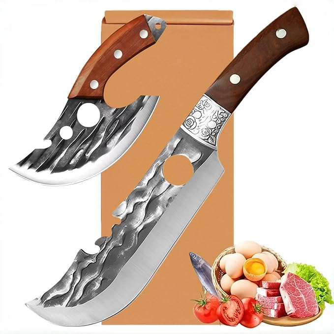 2PCS Meat Cleaver Knife Set with Sheaths, Hand Forged Serbian Knife&Viking Cleaver, High Carbon Stainless Steel Sharp Blade for Meat and Vegetable Cutting, Outdoor Cooking, Camping