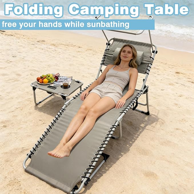 Outdoor Tanning Chair with Sun Canopy Shade & Face Hole, Folding Lounge Chair with Beach Table and Carry Bag for Poolside Sunbathing Lawn
