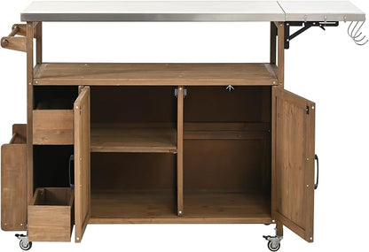 Christopher Knight Home Edsel Outdoor Bar Cart with Stainless Steel Top and Lockable Wheels, Solid Wood Outdoor Storage Cabinet, Kitchen Island Serving Cart for Poolside, Garden, Natural Brown+Silver