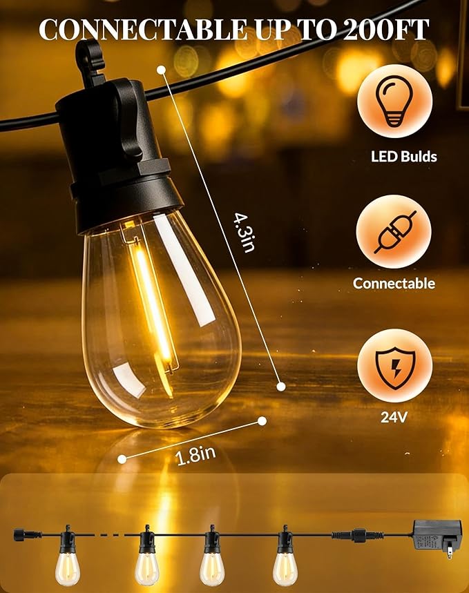 Outdoor String Lights LED Patio-Light - 150Ft Outside Waterproof Porch Lights with Shatterproof S14 Bulbs Outside Hanging Light Connectable Lighting for Gazebo Backyard Bistro Pergola