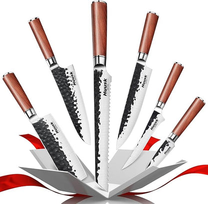 Huusk Japanese Chef Knife Set 6 pcs, Kitchen Knives with Hand-forged High Carbon Steel Blade, Sharp Cooking Knife Set with Ergonomic Wood Handle, Professional Kitchen Knives Sets, Gift Idea for Men
