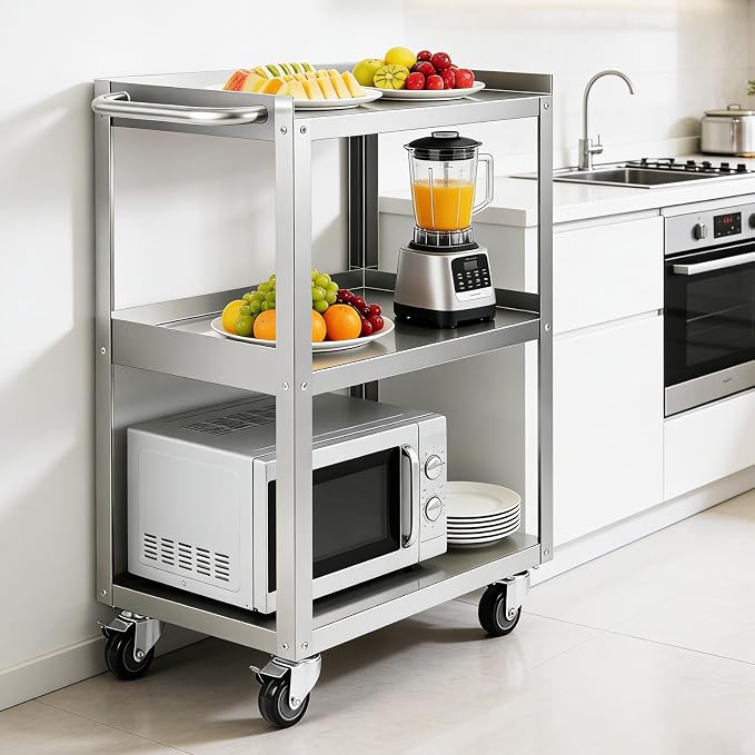 Hally Stainless Steel Utility Cart 3 Tier NSF Rolling Carts 24" Lx16 Wx34 H | Commercial Heavy Duty Metal Mobile Food Cart, with Handle and Wheels, for Kitchen, Restaurant, Hospital, Laboratory and Home