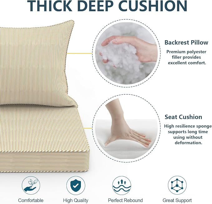DYTXIII Outdoor Deep Seat Cushion Set, Water Repellent 22"x22" Patio Thick Cushions Replacement with Seat & Back Pillow for Patio Sofa, Wicker Chair, Couch - Stripe Beige