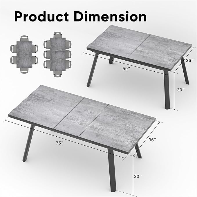 RoyalCraft 5-Piece Outdoor Dining Set with Adjustable Length Dining Table, 75" L×36" W Expandable Patio Table and Chairs Set for 4, Aluminum Stackable Chairs with Quick Drying Fabric for Porch, Grey