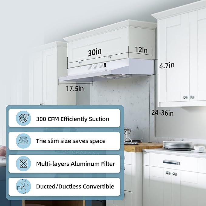 FIREGAS Range Hood 30 inch Under Cabinet, Kitchen Hood with 2 Speed Exhaust Fan,Ducted/Ductless Convertible, Rocker Button Control,300 CFM, White Stove Hood Vent Aluminum Filter Included