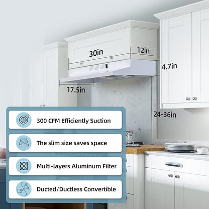 FIREGAS Range Hood 30 inch Under Cabinet, Kitchen Hood with 2 Speed Exhaust Fan,Ducted/Ductless Convertible, Rocker Button Control,300 CFM, White Stove Hood Vent Aluminum Filter Included