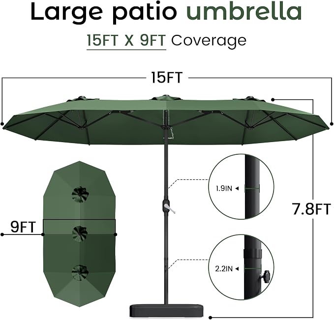DomeShade 15ft Large Patio Umbrella with Base Included, Outdoor Double-Sided Rectangular Market Umbrella with Crank Handle,Heavy Duty Extra Large Outside Umbrella for Backyard,Pool,Deck,Lawn,Green