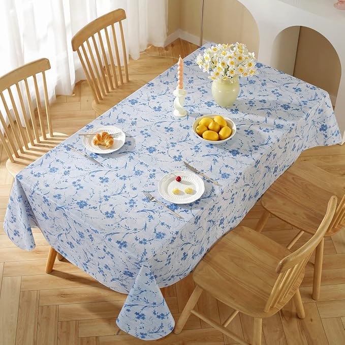 Vinyl Tablecloth with Flannel Backing for Rectangle Tables 60 x 84 Inch | Waterproof Non Slip Floral Plastic Tablecloth, Heavy Duty Table Cover for Dining, Party, Indoor, Outdoor, Blue