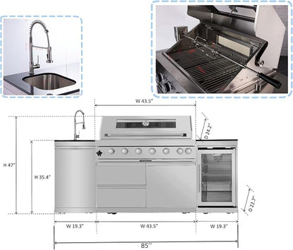 Modular Outdoor Kitchen BBQ Island, Outdoor Kitchen Propane Gas Island Grill with Sink, Compact Refrigerator, Storage Cabinets, Rotisserie Kit (Silver, 85")