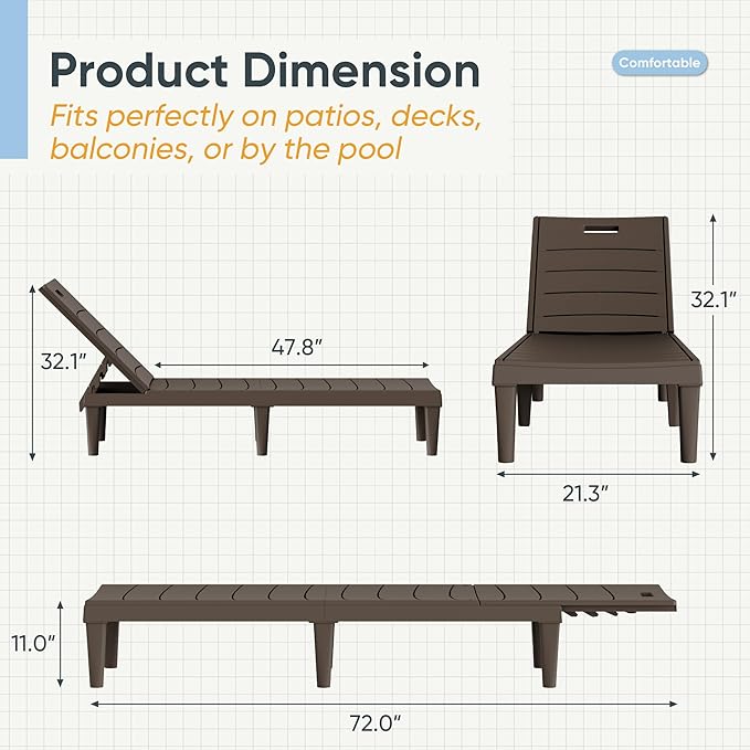 Greesum Outdoor Chaise Lounge Chairs Set of 2 with 5-Position Adjustable Backrest, Waterproof PP Sun Chaise Loungers for Garden Pool Beach Patio Deck Sunbathing, Brown
