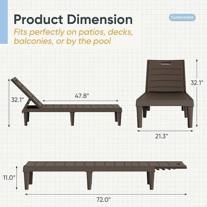Greesum Outdoor Chaise Lounge Chairs Set of 4 with 5-Position Adjustable Backrest, Waterproof PP Sun Chaise Loungers for Garden Pool Beach Patio Deck Sunbathing, Brown