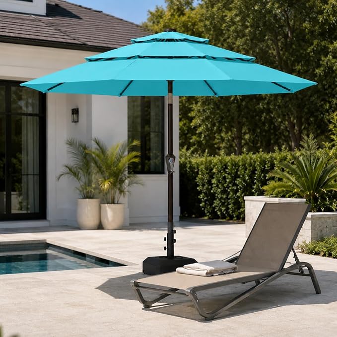 10ft Patio Umbrella, 3-Tier Vented Outdoor Table Umbrella with 8 Sturdy Fiberglass Ribs, Windproof Market Umbrella with Push Button Tilt and Crank, UV Protection for Deck, Pool, Aqua Blue