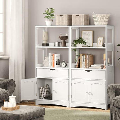 DICTAC Kitchen Pantry Storage Cabinets with Shelves,Drawer and Doors,Microwave Cart with Storage,Freestanding Floor Sideboard Cabinet with Microwave Space,Bookshelf,Display Unit for Home,White