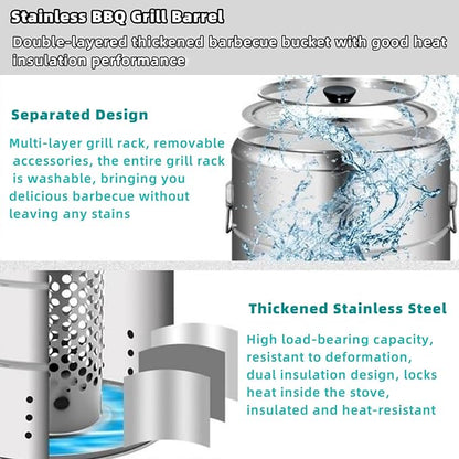 Large Portable Charcoal Grills, Stainless BBQ Grill Barrel, 360° Smokeless Outdoor Barbecue Grill for Travel Camping Grill Outdoor Cooking Picnic Patio Backyard (50 Skewers)