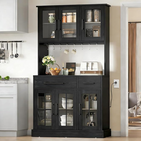 DWVO Kitchen Pantry Storage Cabinet with Microwave Stand, 71'' Tall Kitchen Hutch Cabinets with Power Outlet, Modern Food Pantry Hutch with Drawers ＆ Shelves for Home, Pack of 1, Black | 71" Tall Kitchen Hutch Cabinets with Power Outlet, Modern Food Pa...