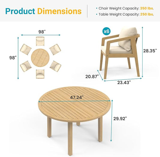 FansaFurn 7 Pieces Acacia Outdoor Patio Table and Chairs Set for All-Weather, Outside Furniture with Table Umbrella Hole and Removable Cushion for 6, Backyard Furniture Set for Patio, Garden, Beige