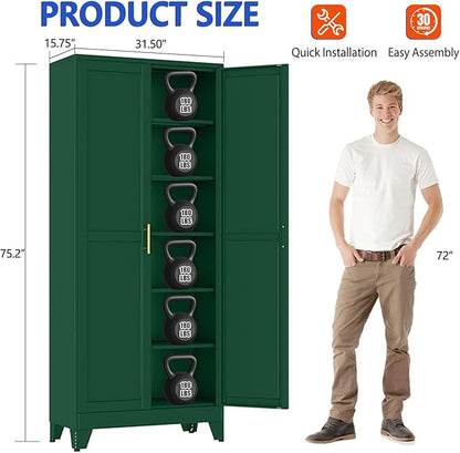 GAIOUS 75'' Tall Metal Garage Storage Cabinet,File Cabinet with Door and Adjustable Shelves, Outdoor Steel Tool Cabinet for Home,Office,Warehouse,Garage,Green