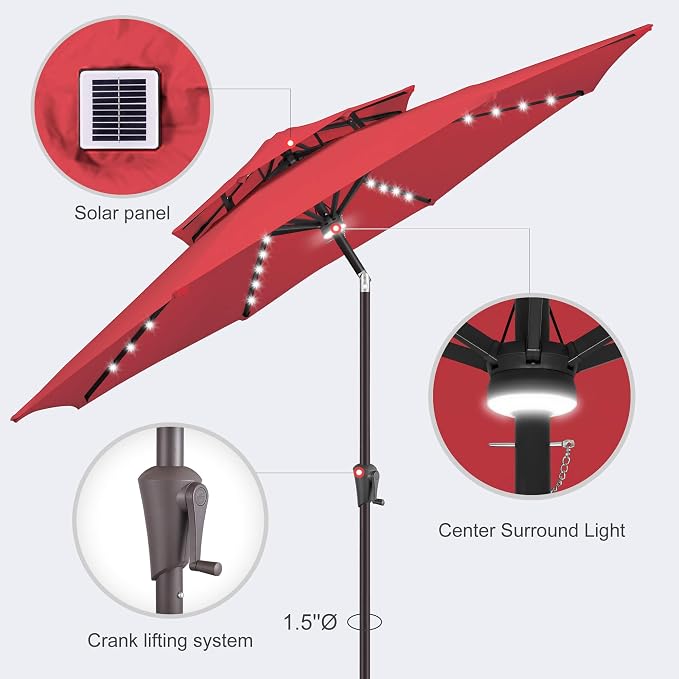 Solar Patio Umbrella Outdoor with Centre Light, 9 ft Red | 2 Tiers, 40 LED Lights, UV Protection, Solar Outdoor Umbrella for Porch, Deck, Pool, Garden, Provides Evening Lighting