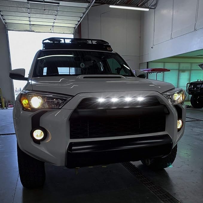 x xotic tech 4pcs Smoked LED Front Grille Marker Light w/Wiring Harness Compatible with Toyota 4Runner TRD TRO Pro Grille, Including SR5, TRD Off-Road, Limited (White)