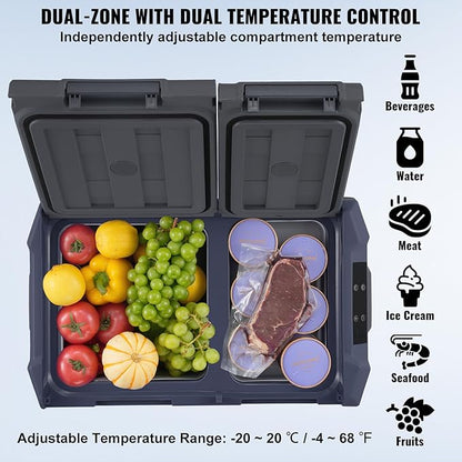 VEVOR NLS35, 12 Volt Car Refrigerator Fridge, 25Liter(26.4qt) Dual Zone Portable Freezer, -4℉-68℉ Adjustable Range, 12/24V DC and 100-240V AC Compressor Cooler for Outdoor, Camping, RV, Grey