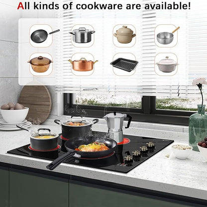 Karinear Electric Cooktop 30 Inch, 4 Burners Electric Stove Top, Built-in Radiant Cooktop with Expandable Burner, Knob Control, Safety Lock, Timer, 6700W 220~240V Hard Wired(No Plug)