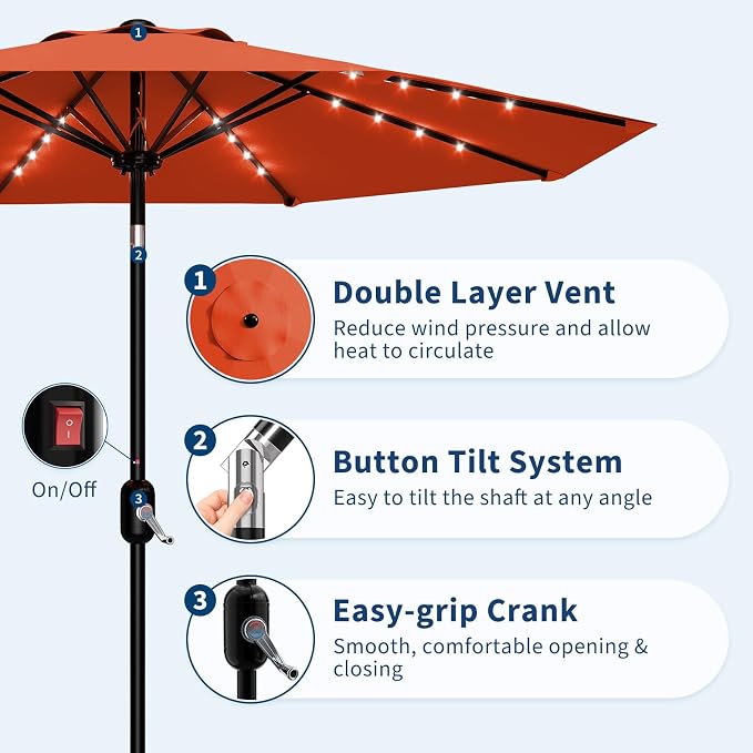Garvee patio Umbrella with Solar Lights, Outdoor Table Umbrella with 8 Durable Ribs, Tilt & Crank Mechanism, Waterproof & UV Protection for Garden, Backyard, Poolside,