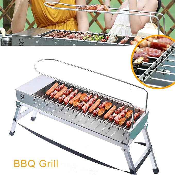 Foldable USB Electric Charcoal Grill, Double-Side Automatic Rotating Barbecue Grill Foldable with 17 Roast Rods, Portable Stainless Steel Rotary Barbecue Machine for Ourdoor