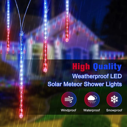 JMEXSUSS Red White and Blue Solar Lights, 8 Tube 144 LEDs | Patriotic Solar Meteor Shower Lights Waterproof for Independence Day, Gardens, Tree, Outdoor 4th of July Decorations