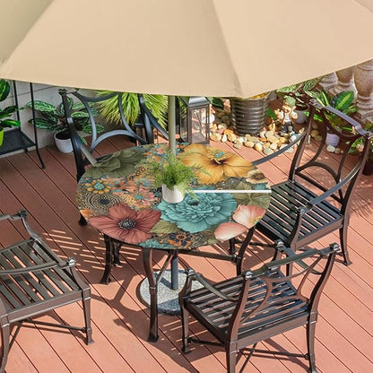 Boho Florals Outdoor Round Fitted Tablecloth with Umbrella Hole and Zipper, 36"-44" Elastic Patio Table Cloth Oil-Proof Waterproof Patio Table Cover for Picnic Party Camping