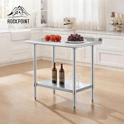ROCKPOINT SS304 Top All Stainless Steel Table for Prep & Work with Backsplash 24x36 Inches, NSF Commercial Kitchen Heavy Duty Table with Adjustable Undershelf for Restaurant,Kitchen, Home and Hotel