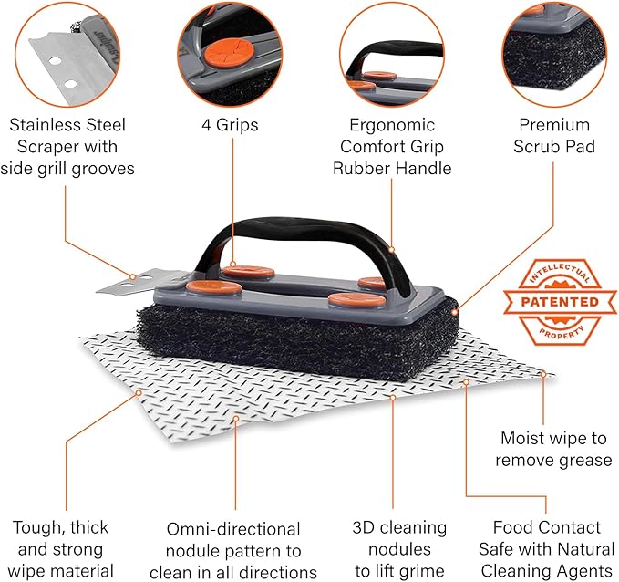 Proud Grill Q-Swiper Grill Cleaner Set - Bristle & Wire-Free Brush with Scraper & 80 Moist Wipes - BBQ Smoker Cleaner Kit, Safe for Outdoor Griddle Grates, Grease & Grime Remover, BBQ Gift for Men