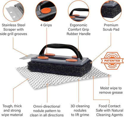 Proud Grill Q-Swiper BBQ Grill Cleaner Gift Bundle - 1 pc Bristle-Free Brush, 65 Moist Cleaning Wipes, 2 pcs Reusable Cloths - Safe Cleaner for Outdoor, Flat Top, Smoker, Griddle & Grates, BBQ Tools