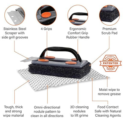 Proud Grill Q-Swiper BBQ Grill Cleaner Set - 1 Grill Brush with Scraper and 25 BBQ Grill Cleaning Wipes, Bristle-Free & Wire-Less, Safe Way to Remove Grease and Grime, Ideal Mens Birthday Gifts