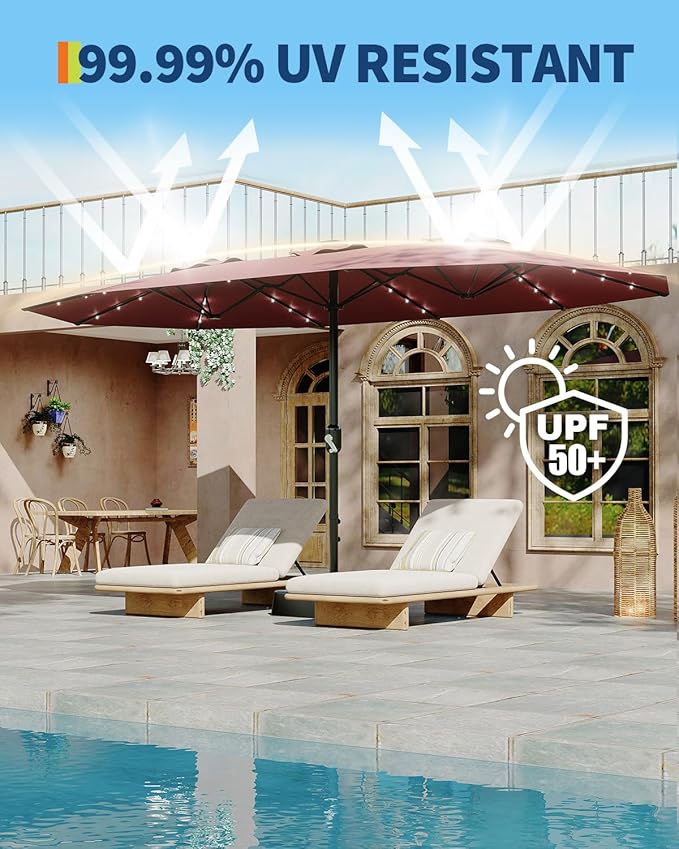 GarveeLife 15 ft Large Patio Umbrella with Lights, 36 LED Lights Double-sided Patio Umbrella with Weighted Base for Poolside Garden Backyard