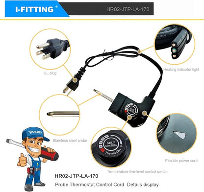 Thermostat Probe Cord for Masterbuilt Electric Smoker 15A 125V | Fits Masterbuilt electric smokers, grills, fryers & skillets. 15A/125V adjustable thermostat probe controls heat safely.