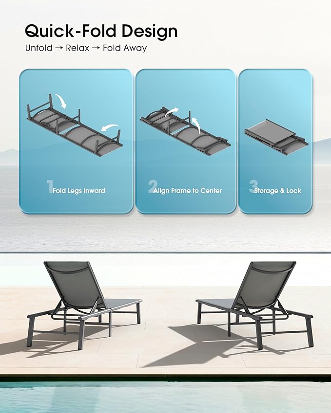 Ciokea Foldable Outdoor Lounge Chair Set of 2 with 1 Aluminum Side Table, Pool Lounge Chairs with Portable Design for Pool, Beach, Deck, Patio, Grey