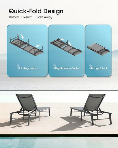 Ciokea Foldable Outdoor Lounge Chair Set of 2 with 1 Aluminum Side Table, Pool Lounge Chairs with Portable Design for Pool, Beach, Deck, Patio, Grey