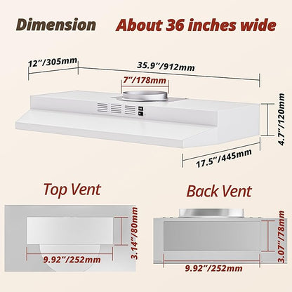 FIREGAS Range Hood 36 inch Under Cabinet, Ducted/Ductless Convertible Kitchen Hood, White Painted Stainless Steel Vent Hood with LED Light,2 Speed Exhaust Fan