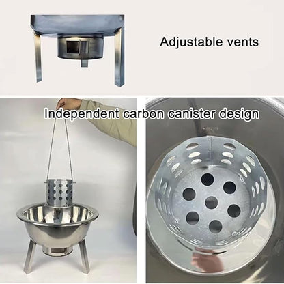 Vertical BBQ Smoker for Duck Chicken Stainless Steel Barbecue Grill with Various Accessories 360° Even Heating Independent Charcoal Bin Design for Duck, Chicken, Pigeon, Fish and Vegetables