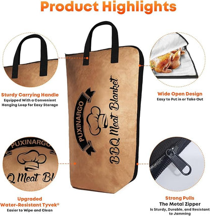 BBQ Blanket for Resting Meat, Puxinargo Brisket Blanket Meat Resting Bag for Smoking, Grilling Meat Insulated Resting Bag with Wide Mouth & Reinforced Handles for Large Brisket/Turkey, Extra Large 26"