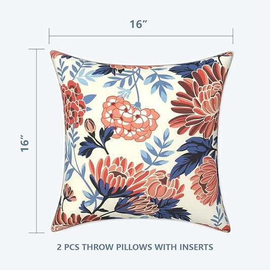 LVTXIII Set of 2 Patio Throw Pillows Waterproof 16"x16" Fade Resistant Outdoor Throw Pillows with Inserts, Fluffy Garden Toss Pillow Cushions for Patio Sofa Use,Red Chrysanthemum