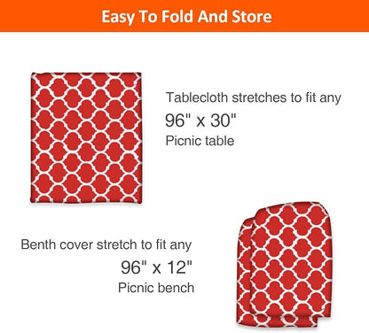 KENOBE 8ft 96in Picnic Table and Bench Cover, 3 Pack, Red-White Moroccan | Waterproof, Windproof, Elastic Fitted Edges Tablecloth, for Rectangle Table & Seat, Camping Essentials RV Gear