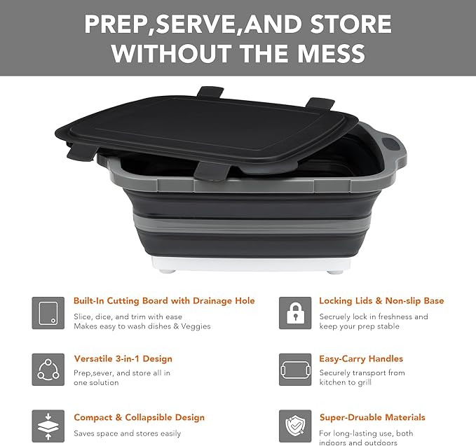 Collapsible Cutting Board(2.11 Gal/8L), BBQ Prep Tub with Locking Lid, Foldable Camping Sink with Colander, Multifunction Dish Basin for Kitchen, Bowl, Vegetable and Fruit, Storage Basket for Picnic