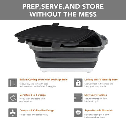 Collapsible Cutting Board(2.11 Gal/8L), BBQ Prep Tub with Locking Lid, Foldable Camping Sink with Colander, Multifunction Dish Basin for Kitchen, Bowl, Vegetable and Fruit, Storage Basket for Picnic