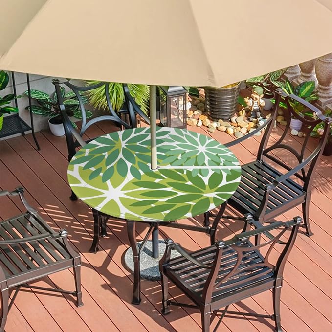 Round Tablecloth with Umbrella Hole and Zipper Elastic Fitted Table Cloth 45"-56" Oil-Proof Waterproof Patio Table Cover for Outdoor Picnic Party, Spring Summer Geometric Elegant Dark Light Green