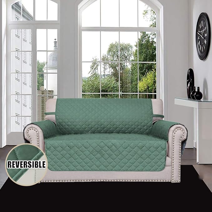 Easy-Going Reversible Loveseat Couch Cover for 2 Cushion Couch Sofa Cover for Dogs Water Resistant Furniture Protector with Foam Sticks Elastic Straps for Pet (Loveseat, Cyan/Ivory) | Machine Washable Slipcover For Dogs, Water Resistant Furniture Mat F...