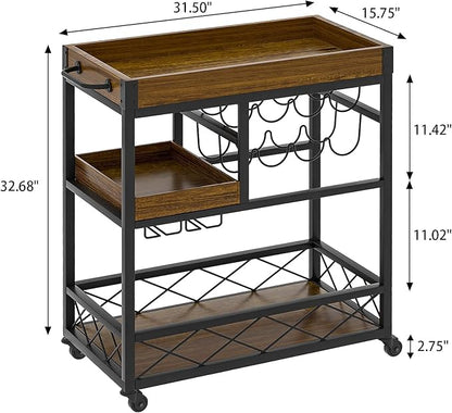 Bar Cart Industrial Mobile Kitchen Serving Carts for Home 3 Tier Storage Trolley with Wine Rack Glasses Holder Two Portable Trays Universal Casters with Brakes Rustic Rolling Cart for Indoor Outdoor
